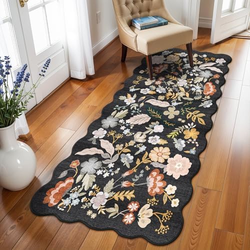 3x6 Washable Kitchen Runner Rug: Floral Scalloped Hallway Runner Rugs Black by BYYVOORugsforYourHome