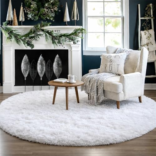 Amdrebio White Fuzzy Round Area Rug 5Ft - Image 5