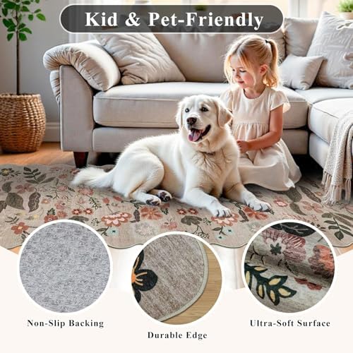 2x3 Small Area Rug for Entryway: Washable Soft Floral Scalloped Rug Brown - Image 6