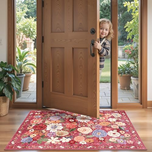 Red Floral Hallway Runner Rug 2x4 - Image 2