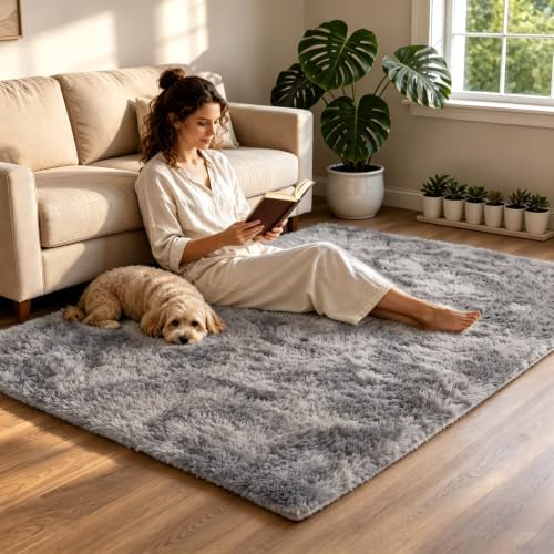 3x5 Light Grey Fluffy Area Rug for Bedroom and Living Room, Washable Soft Shag by NEIGELUO