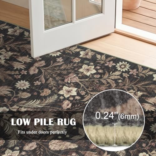 Black Boho Floral Rug 9x12, Washable Area Rugs - Image 5