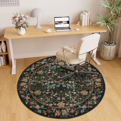 DUKINO 4ft Round Rug, Washable Vintage Floral Area Rug - Image 5