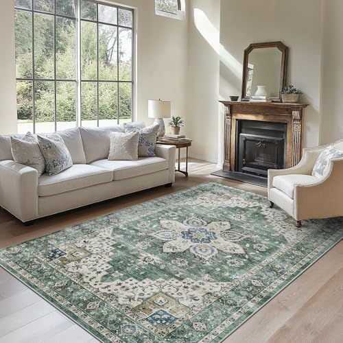 Amada 6x9 Washable Area Rug for Dining Room, Dark/Green, Vintage Pattern by AMADAHOMEFURNISHING
