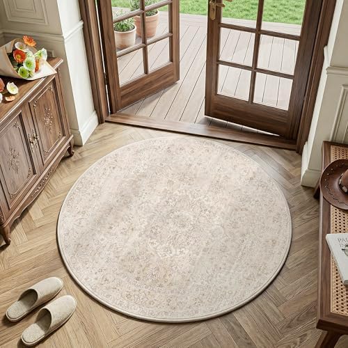 FMFUNCTEX 4ft Round Washable Beige Neutral Vintage Area Rug - Image 2