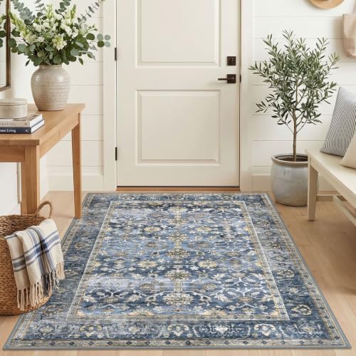 KUTA Vintage Area Rug 4x5 Washable Entryway Rug Blue Grey Beige by KUTA