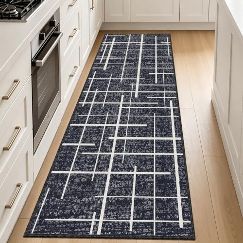 Modern Kitchen Runner Rug Non Slip 2.6x8, Washable Distressed Stripe, Hallway by TTelephant