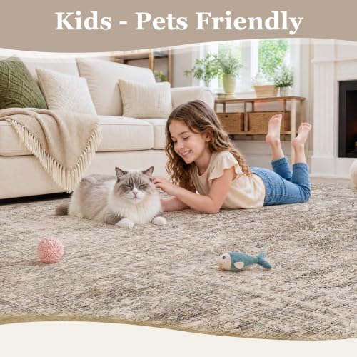 FMFUNCTEX 4x5 Washable Taupe Distressed Vintage Retro Area Rug - Image 6