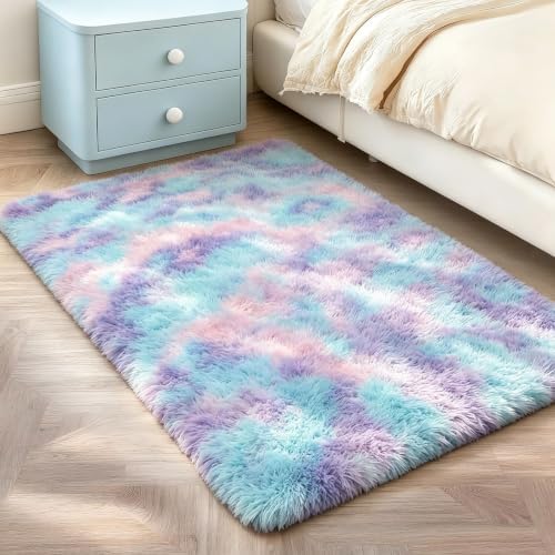 2x3 Blue Rainbow Fluffy Area Rug - Image 3