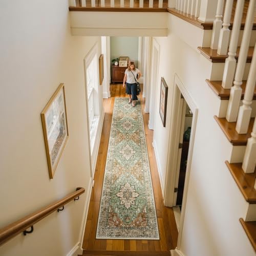 RELEANY Washable Area Rug, Runner 2'x10', Brick/Brown/Green by RELEANY