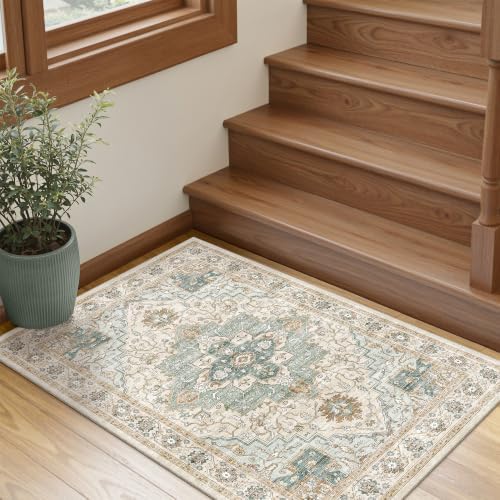 Washable 2x3 Area Rug, Non Slip Small Entryway Rugs Green/Beige - Image 4