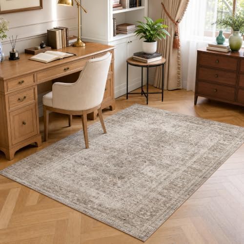 FMFUNCTEX 4x5 Washable Taupe Distressed Vintage Retro Area Rug - Image 2