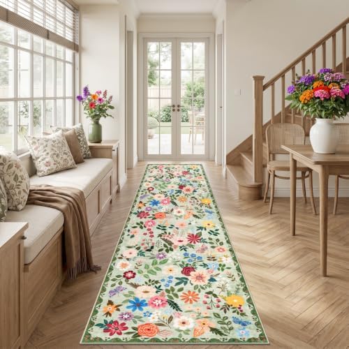PLHXFR 2.6x14 Washable Runner Rug：Floral Indoor Kitchen Soft Carpet Green - Image 3