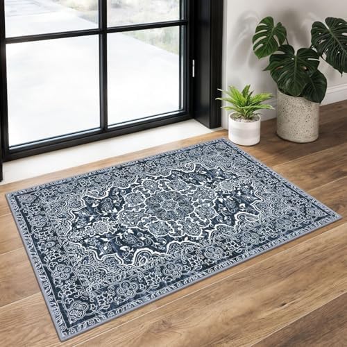 KUTA Vintage Small Area Rug 2x3 Washable Entryway Rugs Navy Blue by KUTA
