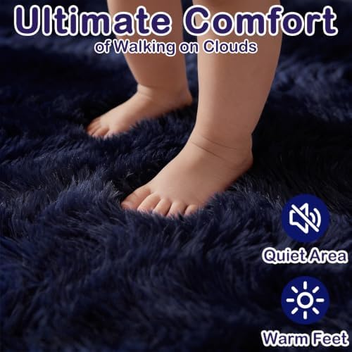Navy Blue Runner Rug 2x6 Fluffy Dark Blue Bedside Rugs - Image 2