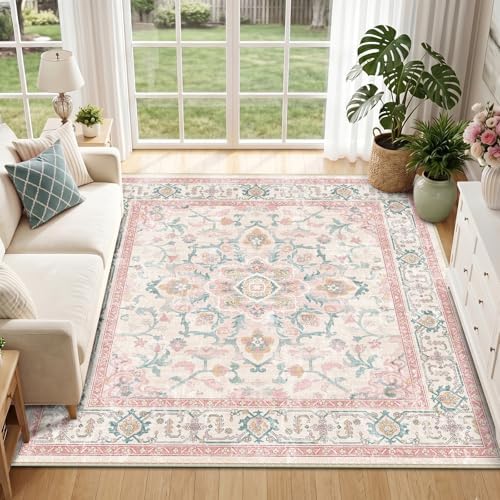 CAPALOCA Square 6ft Washable Nursery Girls Low Pile Area Rug Pink Teal - Image 2