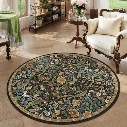 Round Rug 4ft Floral Circle Rug Brown Botanical Indoor Area Rugs by NakedCloud