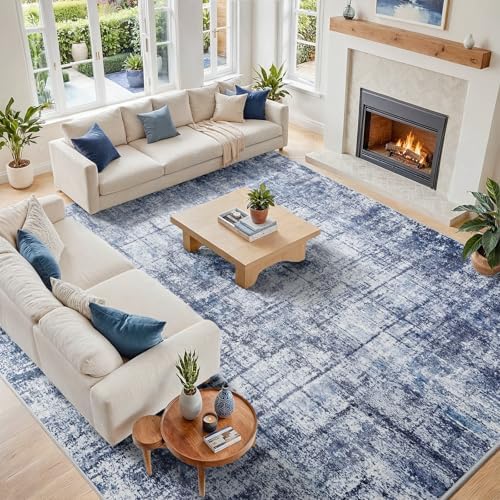 10x14 Washable Area Rug for Living Room Bedroom: Non-Slip Modern Navy Blue by Oriannal