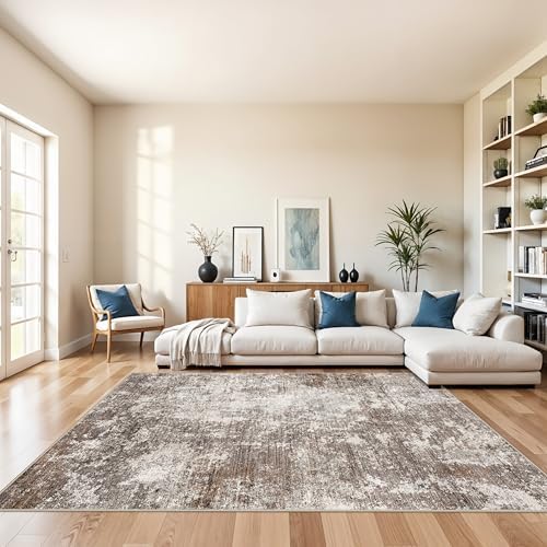 7x9 Modern Living Room Rug – Washable Neutral Abstract Area Rug by BYYVOORugsforYourHome