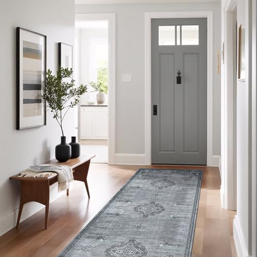 Non Slip Area Rugs 2x7 Boho Medallion Floral Non Skid Rubber Backing Easy Silk - Image 4