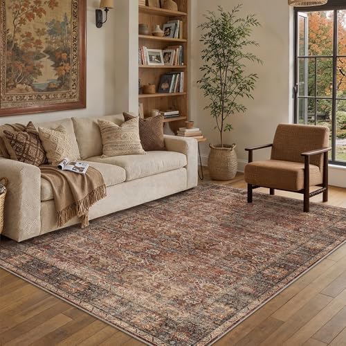 5x7 Washable Rug for Living Room Brick Red Vintage Distressed Bedroom Rug by Zeeinx