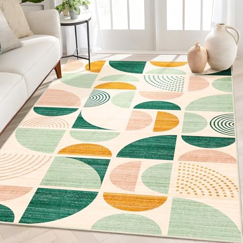MUJOO Green Rug Boho Washable, 4x6.5 Area Rugs by MUJOO