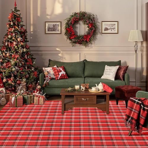 Christmas Red Green White Plaid Rug 8x10 ft, Extra Large Cotton Hand-Woven - Image 2