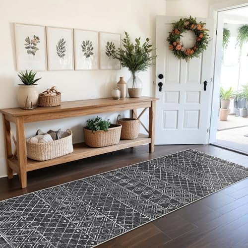 Moroccan 2'6"x8' Hallway Runner Rug: Washable Non Slip Soft Rugs Black - Image 4