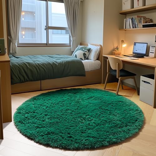 Dark Green Fluffy Round Rug Circle Area Rugs 4ft by ONASAR