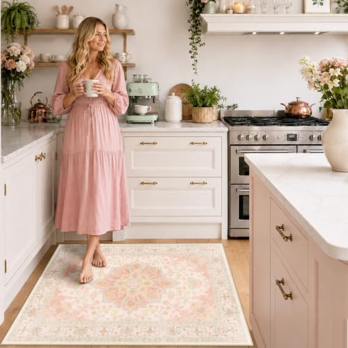 CAPALOCA 3x5 Washable Nursery Girls Low Pile Area Rug Pink Green - Image 2
