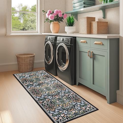 PLHXFR 2.6x8 Washable Runner Rug：Floral Indoor Kitchen Carpet Dark Black - Image 4
