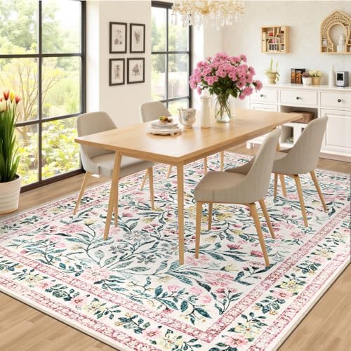PLHXFR 6x9 Area Rug Living Room: Floral Washable Boho Carpet Pink Green - Image 4