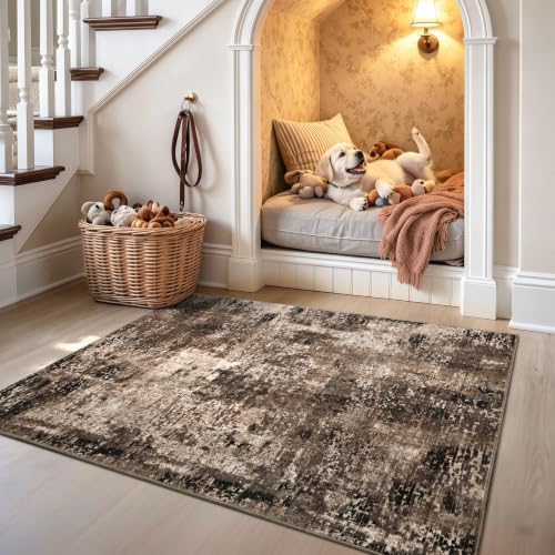 Entryway Rug 3x4 Brown Bedroom Area Rug Washable Non Slip Abstract Boho Rugs by OmpaaHomeDecor