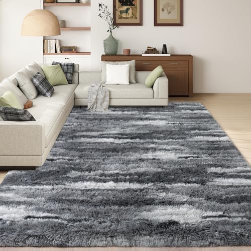 5x7 Shag Rugs for Living Room, Washable Abstract Grey - Image 4