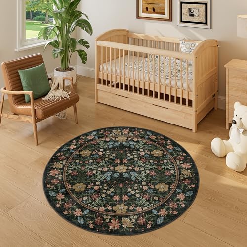 DUKINO 4ft Round Rug, Washable Vintage Floral Area Rug - Image 7
