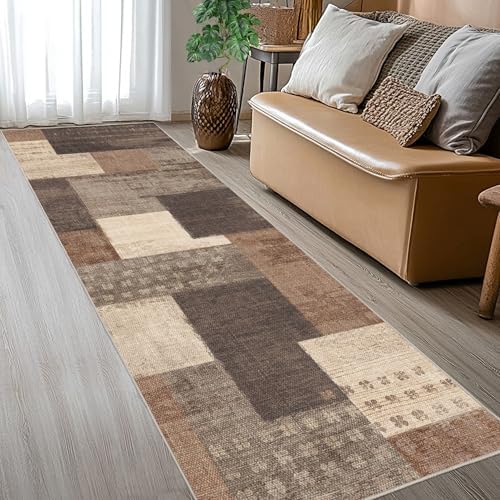 Modern Geometric Patchwork Indoor Beige Runner Rug by QDUIDU