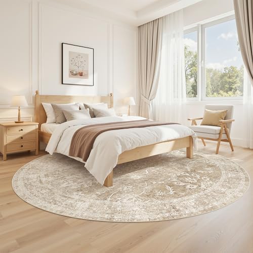 Madane Washable Round Rug 9ft for Living Room, Soft Neutral Rug Beige/Brown - Image 3