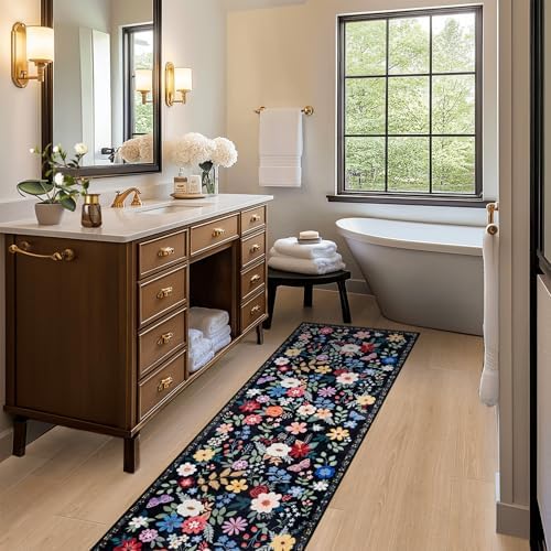PLHXFR 2x6 Washable Runner Rug：Floral Indoor Kitchen Soft Carpet Black - Image 5