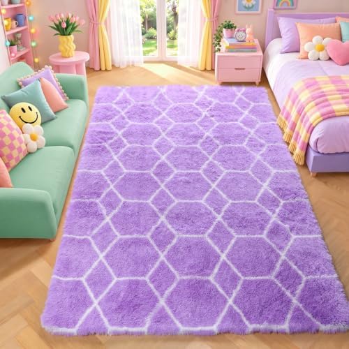 Area Rugs for Bedroom, 4x6 Fluffy Carpet Purple and White Geometric Rug by ONASAR