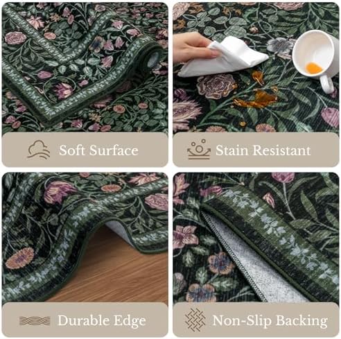 10x14 Area Rug Living Room: Soft Floral Washable Carpet Green - Image 7