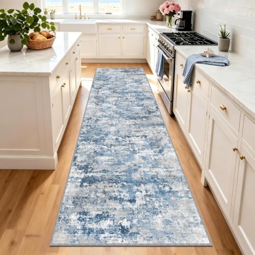 Hallway Runner Rug 3x10 Textured Non Slip Carpet Runner, Modern Ocean Blue - Image 5
