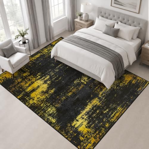 Area Rug Living Room: 8x8 Modern Washable Soft Carpet Black Gold - Image 3