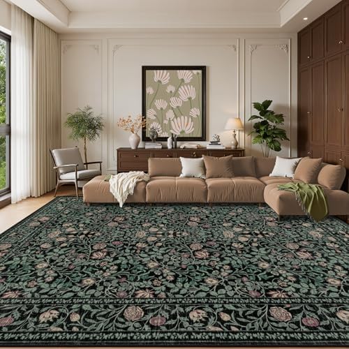 10x12 Area Rug Living Room: Soft Floral Washable Carpet Dark Green - Image 2