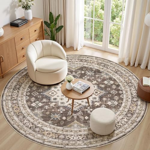 cotiled 6ft Round Living Room Area Rug, Traditional, Dark Brown by COTILED