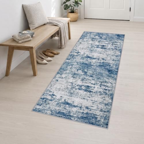2.6x8 Washable Runner Rug：Modern Abstract Kitchen Soft Carpet Blue - Image 3