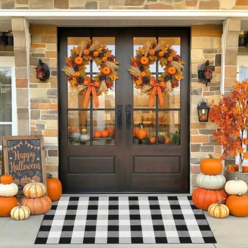 MUBIN Fall Decor Cotton Buffalo Plaid Rug, Washable Doormat Foldable Area Rug - Image 3