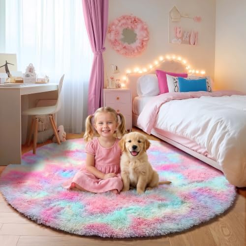 ONASAR Rainbow Round Area Rugs 5ft, Soft Bedroom Circle Rug Mats by ONASAR