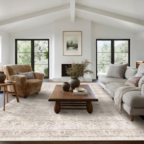 9x12 Washable Area Rug Neutral Beige Vintage Rug - Image 3
