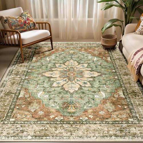 RELEANY Washable Area Rug, Brick/Brown/Green by RELEANY