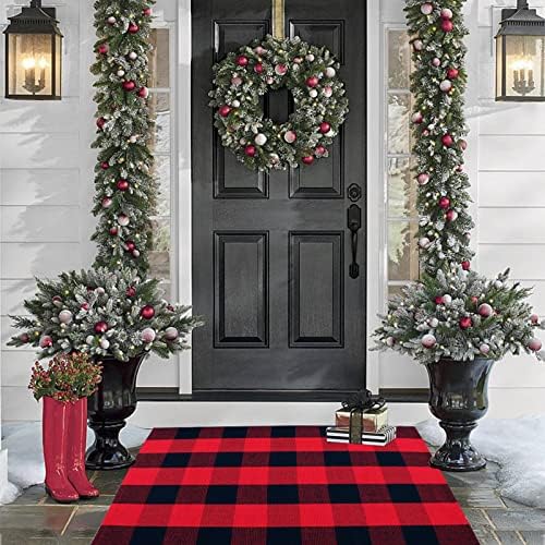 Red and Black Plaid Rug, Cotton Woven Rug - Image 7